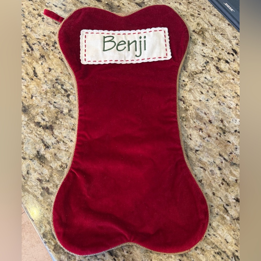 Like New Red Velvet Dog Bone Christmas Stocking Benji